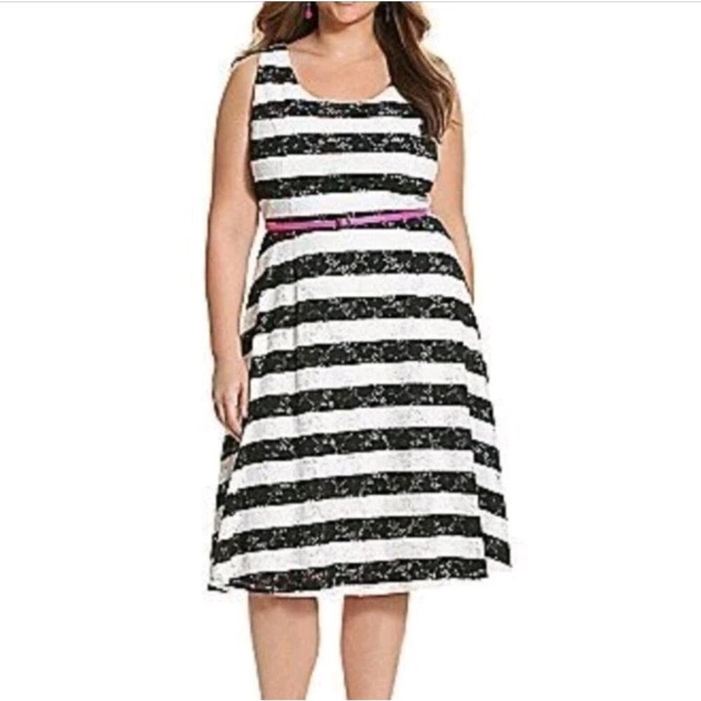 Lane Bryant Black White Striped Dress Lace Overlay Hot Pink Belt Skater Tank 20